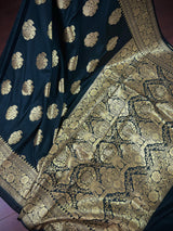 Black Color Traditional Banarasi Handloom Silk Saree in Muted Yellow Gold Muted Zari Weave