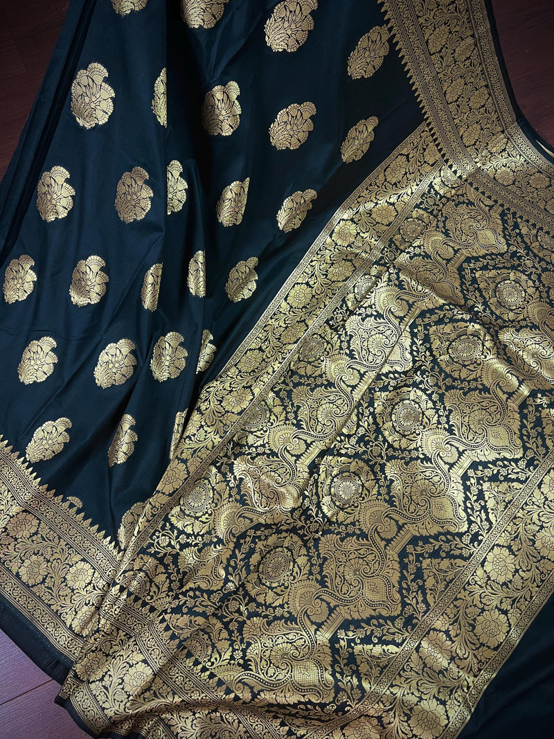 Black Color Traditional Banarasi Handloom Silk Saree in Muted Yellow Gold Muted Zari Weave