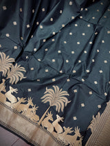 Black Color Soft Silk Saree small Buttis with Deer and Trees on the Borders in Zari Weave Work | Soft Silk Saree