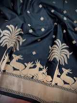 Black Color Soft Silk Saree small Buttis with Deer and Trees on the Borders in Zari Weave Work | Soft Silk Saree