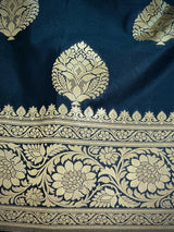 Black Color Traditional Banarasi Soft Silk Saree in Muted Yellow Gold Muted Zari Weave with Buttas and Floral Pattern