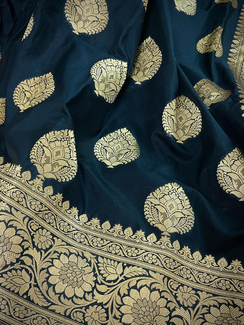 Black Color Traditional Banarasi Soft Silk Saree in Muted Yellow Gold Muted Zari Weave with Buttas and Floral Pattern