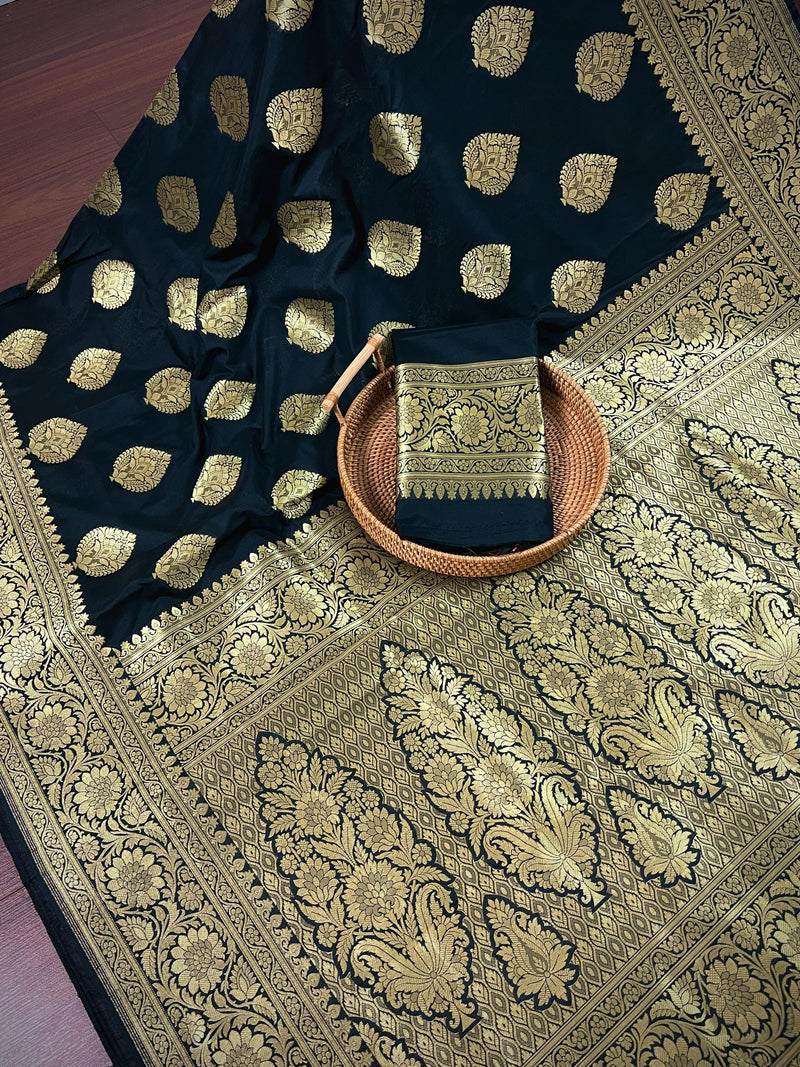 Black Color Traditional Banarasi Soft Silk Saree in Muted Yellow Gold Muted Zari Weave with Buttas and Floral Pattern