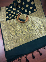 Black Color Traditional Banarasi Soft Silk Saree in Muted Yellow Gold Muted Zari Weave with Buttas and Floral Pattern