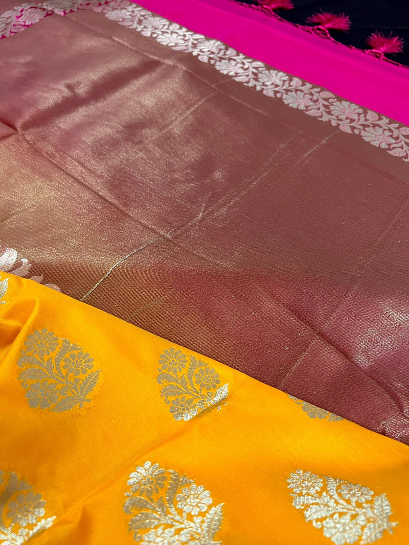 Mango Yellow  with Pink Color combination Traditional Handloom Banarasi Saree with Copper Border and Pallu