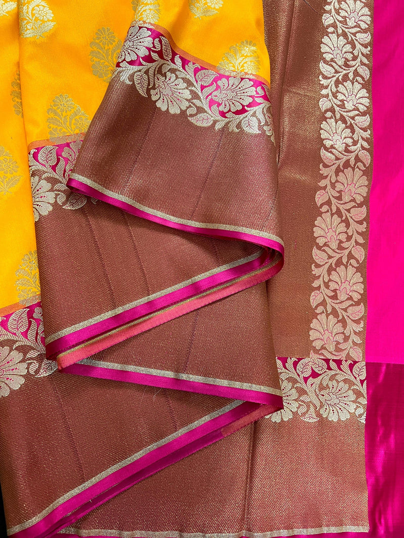 Mango Yellow  with Pink Color combination Traditional Handloom Banarasi Saree with Copper Border and Pallu