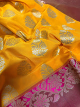 Mango Yellow  with Pink Color combination Traditional Handloom Banarasi Saree with Copper Border and Pallu