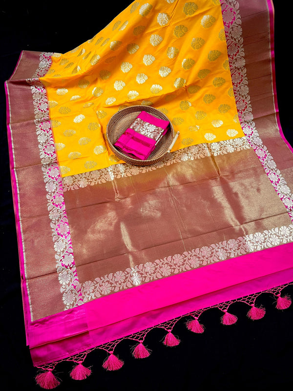 Mango Yellow  with Pink Color combination Traditional Handloom Banarasi Saree with Copper Border and Pallu