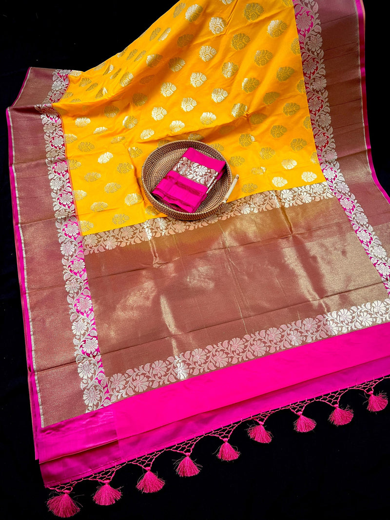 Mango Yellow  with Pink Color combination Traditional Handloom Banarasi Saree with Copper Border and Pallu