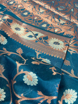 Teal Blue Semi Banarasi Silk Saree with Copper Zari | Floral Pattern Jaal in Copper and Sliver Zari | Silk Sarees