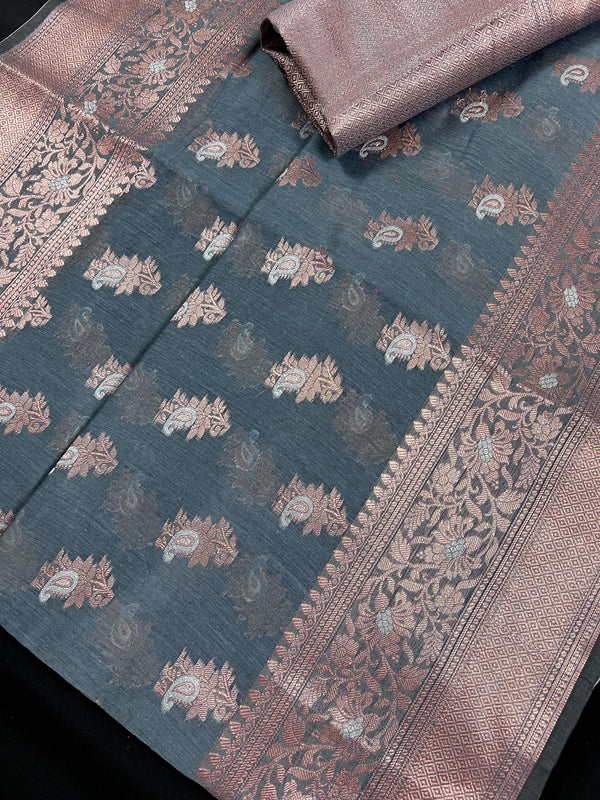 Light Grey Semi Banarasi Silk Saree with Copper Zari - Floral Pattern in Copper and Sliver Zari