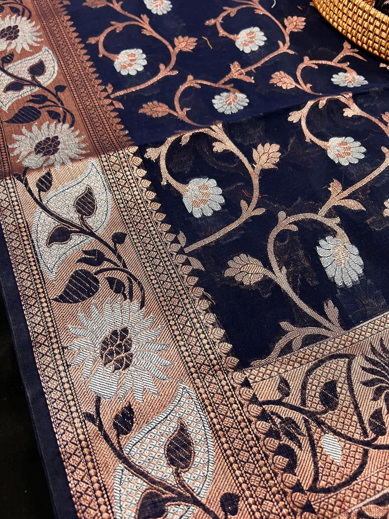 Navy Blue Semi Banarasi Silk Saree with Copper Zari | Floral Pattern Jaal in Copper and Sliver Zari | Silk Sarees