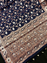 Navy Blue Semi Banarasi Silk Saree with Copper Zari | Floral Pattern Jaal in Copper and Sliver Zari | Silk Sarees