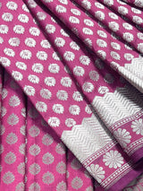 Onion Pink Traditional Banarasi Silk Handloom Saree in Sliver Zari Weave