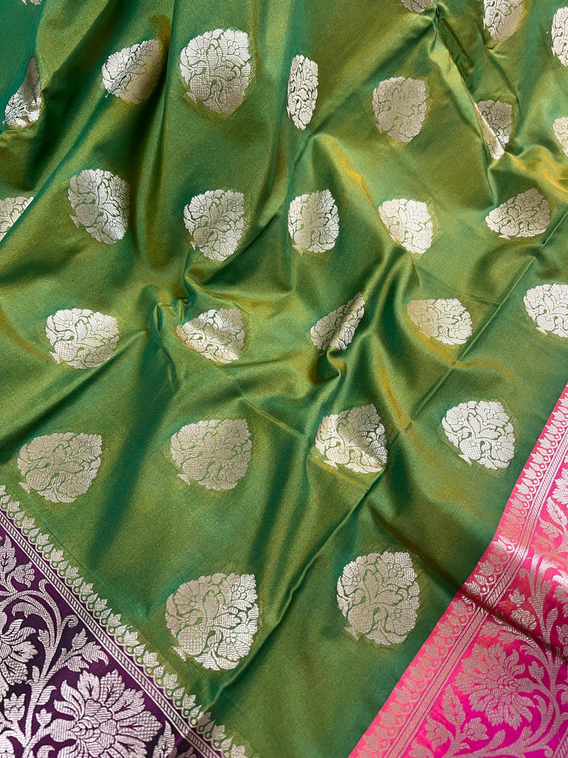 Dual Tone of Mehndi Green Banarasi Butter Soft Silk with Hot Pink Pallu - Wide Border