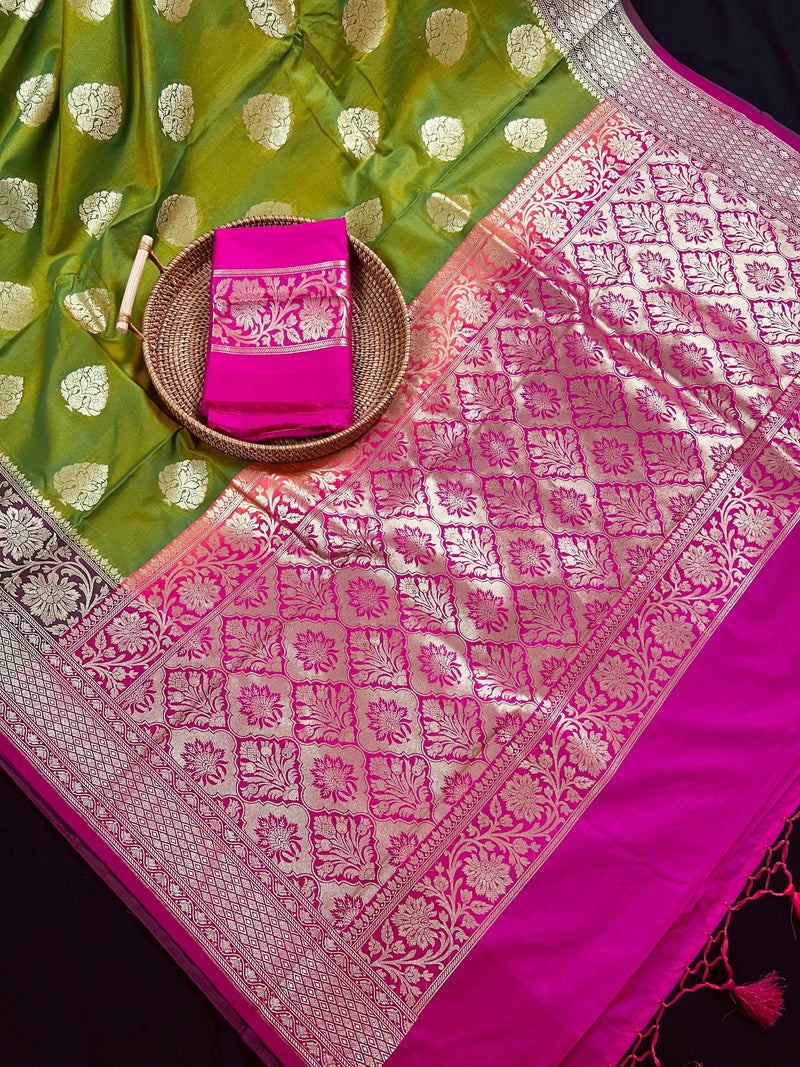 Dual Tone of Mehndi Green Banarasi Butter Soft Silk with Hot Pink Pallu - Wide Border