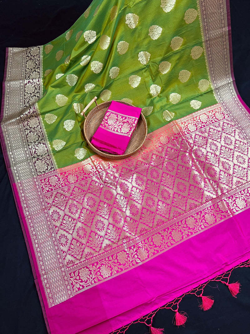 Dual Tone of Mehndi Green Banarasi Butter Soft Silk with Hot Pink Pallu - Wide Border