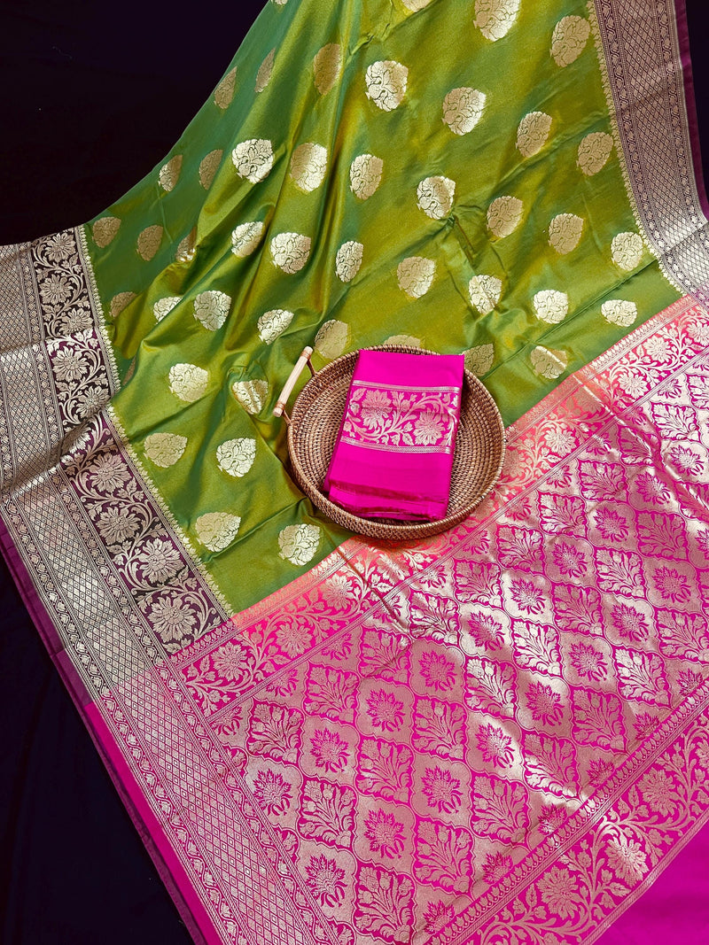 Dual Tone of Mehndi Green Banarasi Butter Soft Silk with Hot Pink Pallu - Wide Border