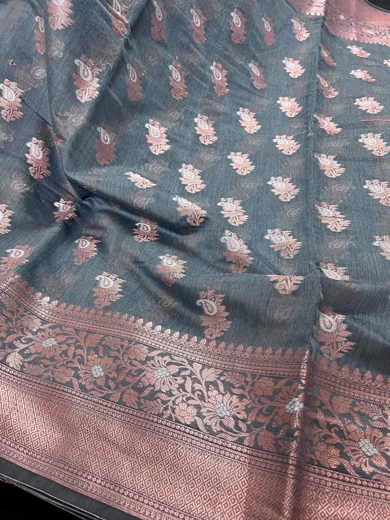 Light Grey Semi Banarasi Silk Saree with Copper Zari - Floral Pattern in Copper and Sliver Zari