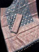 Light Grey Semi Banarasi Silk Saree with Copper Zari - Floral Pattern in Copper and Sliver Zari