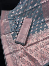 Light Grey Semi Banarasi Silk Saree with Copper Zari - Floral Pattern in Copper and Sliver Zari