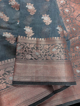 Light Grey Semi Banarasi Silk Saree with Copper Zari - Floral Pattern in Copper and Sliver Zari