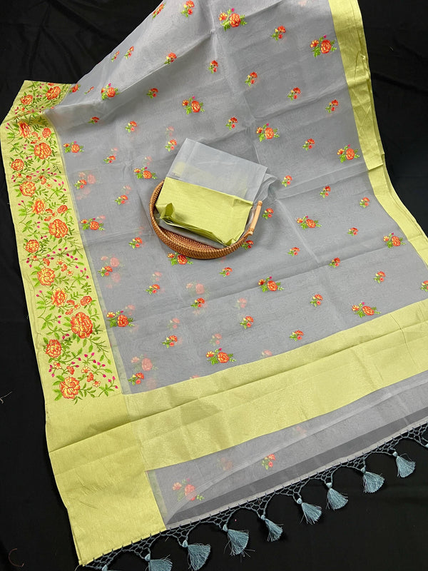 Handmade Light Grey Color Banarasi Kora Organza Saree with Floral Embroidery - Pista Green Raw Silk Border with Floral Embroidery