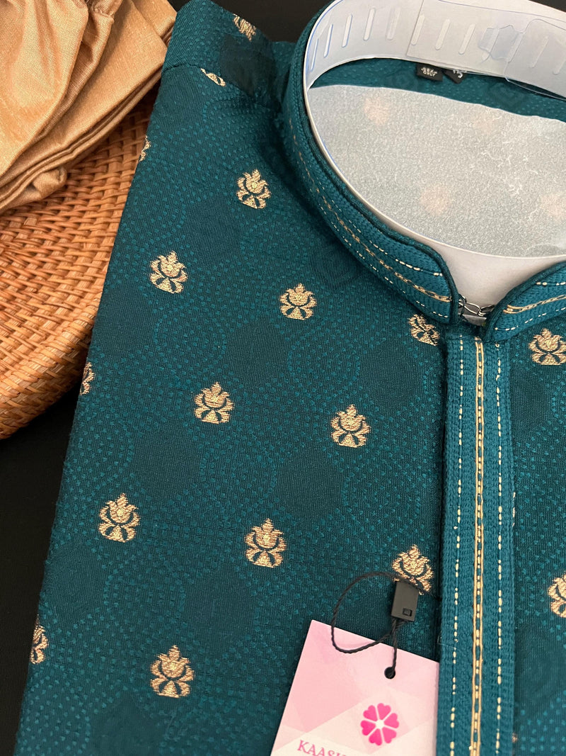 Teal Green Color Men Kurta Set - Embossed Embroidery and Zari Butti - Sherwani Style Kurta - Indian Wedding Kurta - Indian Outfit for Men