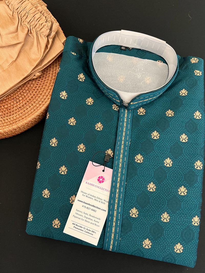 Teal Green Color Men Kurta Set - Embossed Embroidery and Zari Butti - Sherwani Style Kurta - Indian Wedding Kurta - Indian Outfit for Men