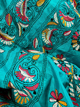 Turquoise Color Bangalori Silk Saree with Hand Kantha Stitch | Handwoven Kantha Stitch Sarees | Kantha Saress | Silk Sarees