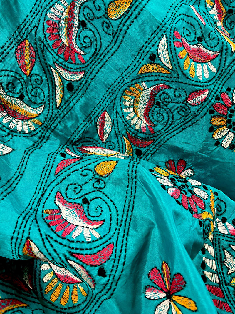 Turquoise Color Bangalori Silk Saree with Hand Kantha Stitch | Handwoven Kantha Stitch Sarees | Kantha Saress | Silk Sarees