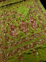 Mehndi Green Color Bangalori Silk Saree with Hand Kantha Stitch | Handwoven Kantha Stitch Sarees | Kantha Saress | Silk Sarees