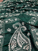 Bottle Green Color Bangalori Silk Saree with Hand Kantha Stitch | Handwoven Kantha Stitch Sarees | Kantha Saress | Bengal Sarees