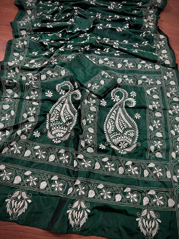 Bottle Green Color Bangalori Silk Saree with Hand Kantha Stitch | Handwoven Kantha Stitch Sarees | Kantha Saress | Bengal Sarees