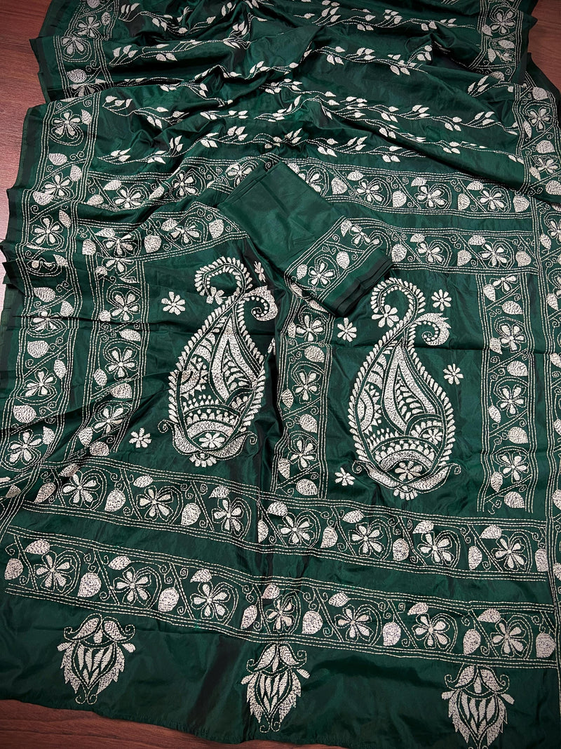 Bottle Green Color Bangalori Silk Saree with Hand Kantha Stitch | Handwoven Kantha Stitch Sarees | Kantha Saress | Bengal Sarees