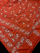 Orange Color Bangalori Silk Saree with Hand Kantha Stitch | Handwoven Kantha Stitch Sarees | Kantha Saress | Bengal Sarees