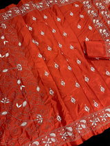 Orange Color Bangalori Silk Saree with Hand Kantha Stitch | Handwoven Kantha Stitch Sarees | Kantha Saress | Bengal Sarees