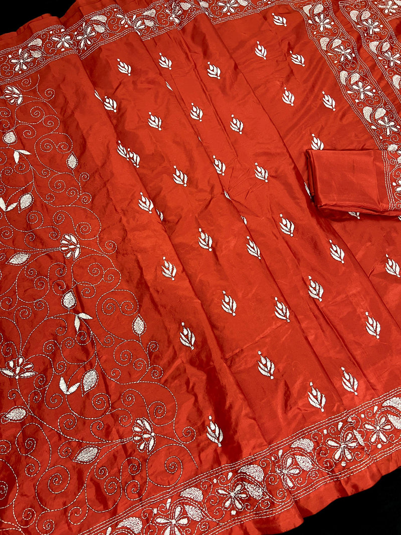 Orange Color Bangalori Silk Saree with Hand Kantha Stitch | Handwoven Kantha Stitch Sarees | Kantha Saress | Bengal Sarees