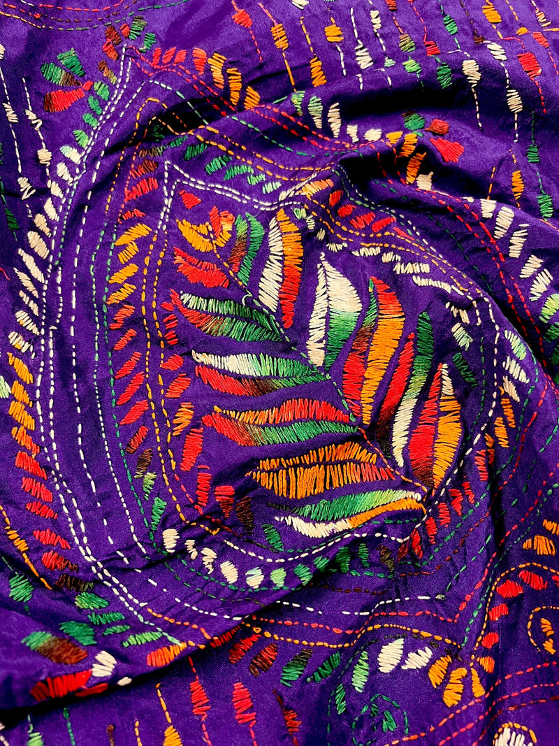 Purple Color Kantha Stitch Saree  - Bangalori Silk Saree  - Handwoven Kantha Stitch Saree - Multi Color - Kantha Stitch Silk Saree