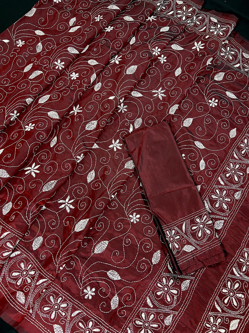 Maroon Color Kantha Stitch Saree  - Bangalori Silk Saree  - Handwoven Kantha Stitch Saree - Maroon and White Color Kantha Stitch Silk Saree