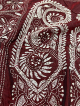 Maroon Color Kantha Stitch Saree  - Bangalori Silk Saree  - Handwoven Kantha Stitch Saree - Maroon and White Color Kantha Stitch Silk Saree