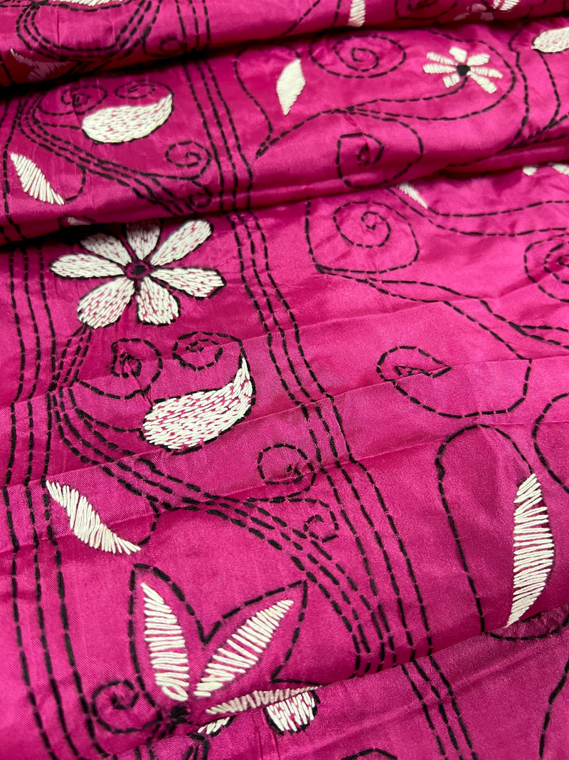 Magenta Pink color Bangalori Silk Saree with Handwoven Kantha Stitch -  Kantha Saress - Embroidered Sarees