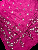 Magenta Pink color Bangalori Silk Saree with Handwoven Kantha Stitch -  Kantha Saress - Embroidered Sarees