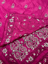 Magenta Pink color Bangalori Silk Saree with Handwoven Kantha Stitch -  Kantha Saress - Embroidered Sarees