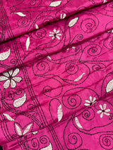 Magenta Pink color Bangalori Silk Saree with Handwoven Kantha Stitch -  Kantha Saress - Embroidered Sarees