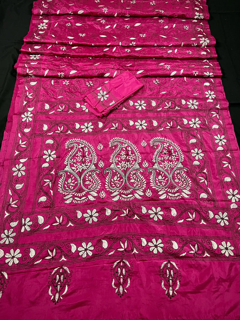 Magenta Pink color Bangalori Silk Saree with Handwoven Kantha Stitch -  Kantha Saress - Embroidered Sarees