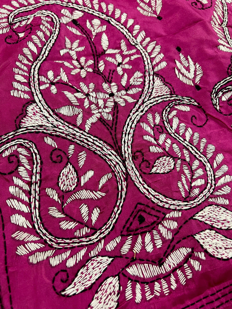 Magenta Pink color Bangalori Silk Saree with Handwoven Kantha Stitch -  Kantha Saress - Embroidered Sarees