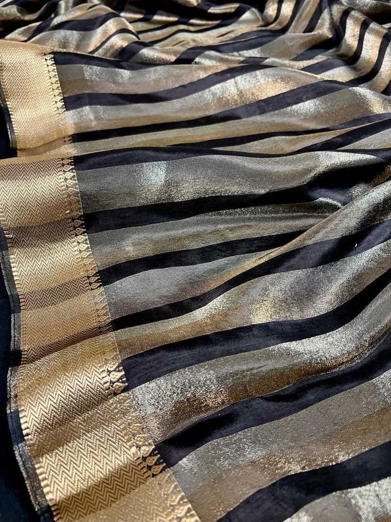 Statement Handmade Black Color Striped Banarasi Satin Tissue Silk Saree