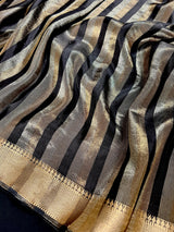 Statement Handmade Black Color Striped Banarasi Satin Tissue Silk Saree