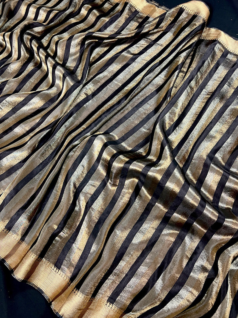 Statement Handmade Black Color Striped Banarasi Satin Tissue Silk Saree